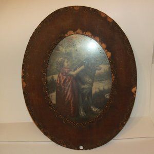 ANTIQUE WOOD FRAME with PRINT GIRL & DOG OVAL FRAME 19"